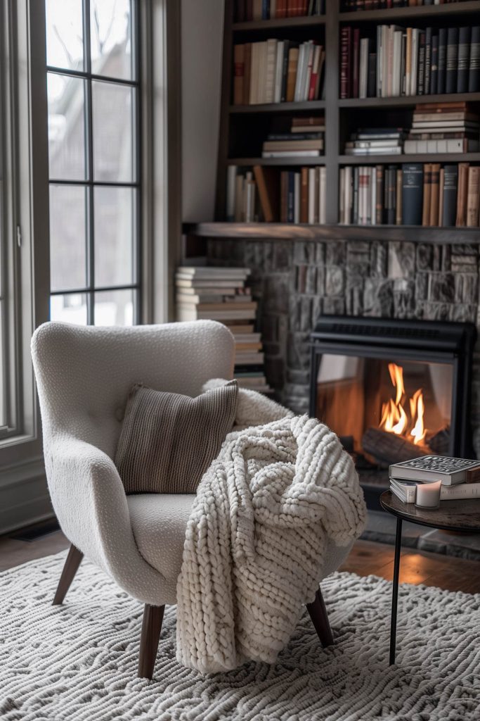 A home library with a built-in fireplace surrounded by wooden bookshelves, a comfortable armchair, and a soft rug creating a warm reading spot.