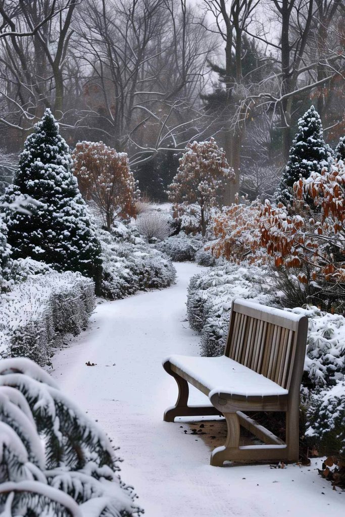 A winter garden with evergreen plants, winter-blooming flowers, and a bench.