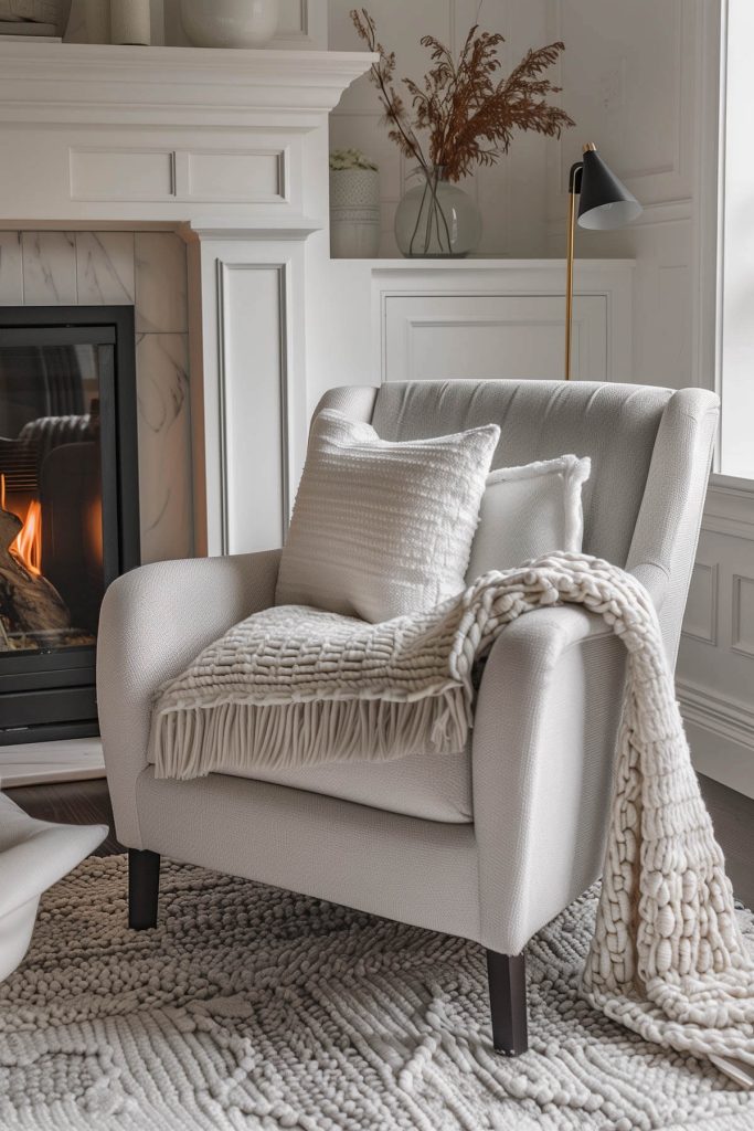 A home library with a built-in fireplace surrounded by wooden bookshelves, a comfortable armchair, and a soft rug creating a warm reading spot.