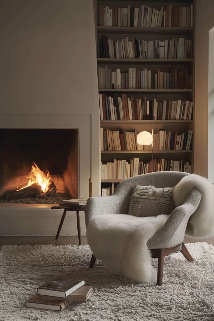 A home library with a built-in fireplace surrounded by wooden bookshelves, a comfortable armchair, and a soft rug creating a warm reading spot.