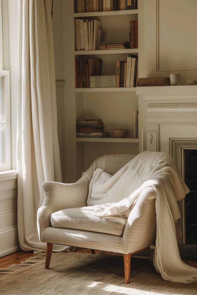 A home library with a built-in fireplace surrounded by wooden bookshelves, a comfortable armchair, and a soft rug creating a warm reading spot.