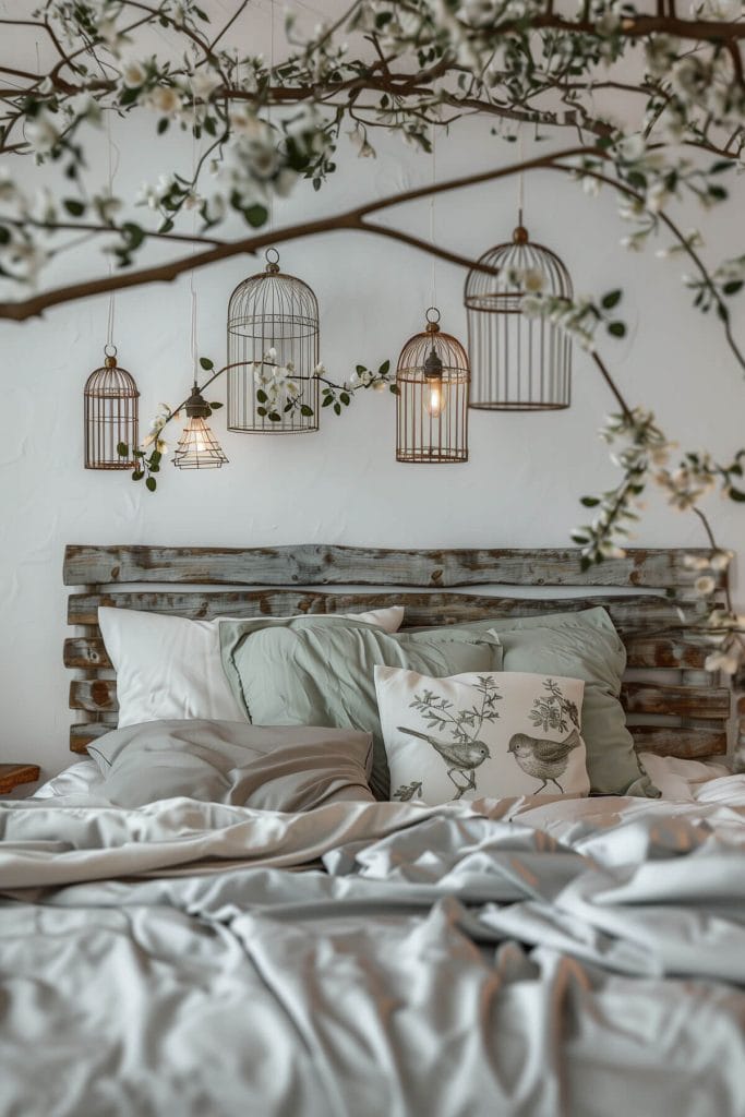 Decorative birdcages placed around a bedroom adding a whimsical, vintage touch.