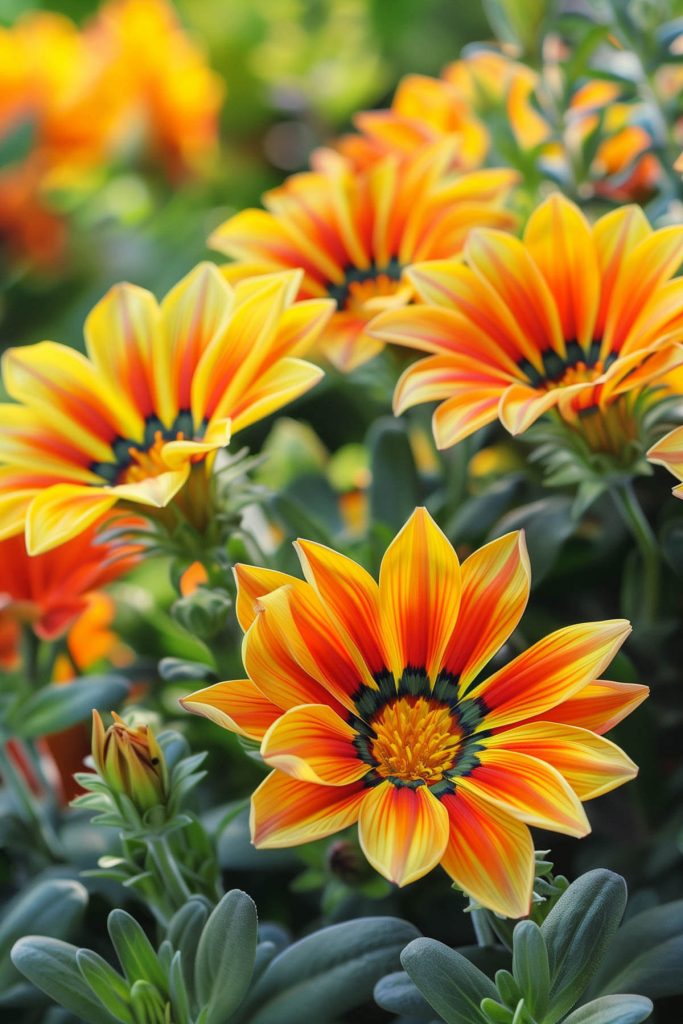 Large, bright yellow and orange daisy-like flowers of gazania in a sunlit garden.