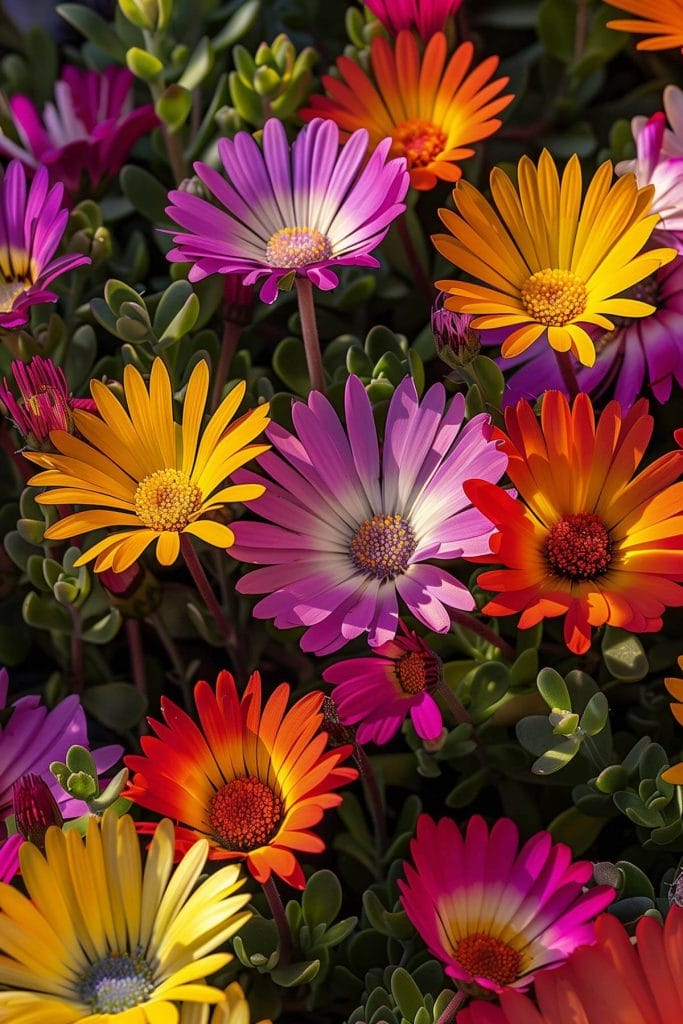 Vibrant, daisy-like ice plant flowers in pink, purple, yellow, orange and white blooming in a sunny, well-drained garden.