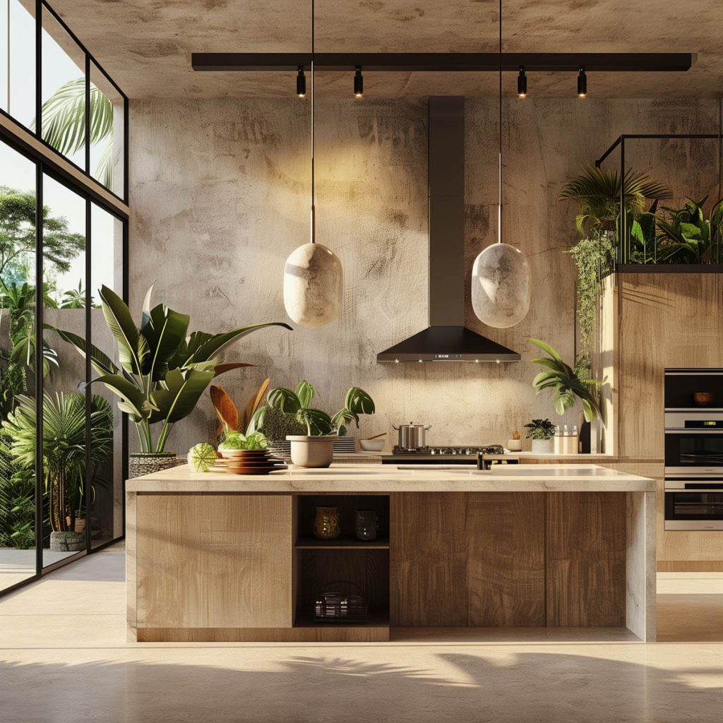 Kitchen with natural elements like stone countertops and wood accents.