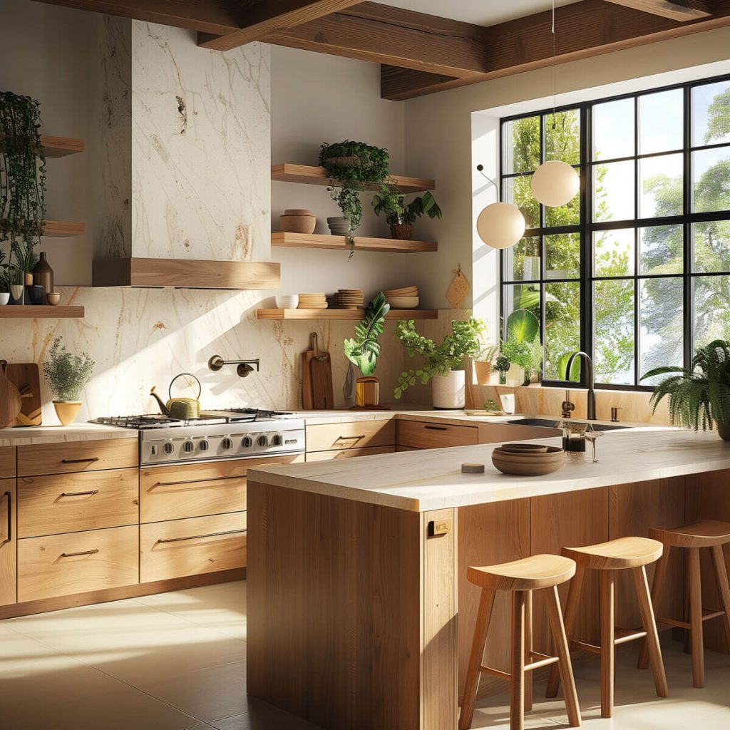 Kitchen with natural elements like stone countertops and wood accents.