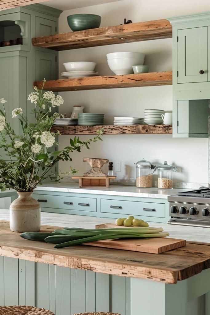 Sage green cabinets paired with reclaimed wood elements like a kitchen island or open shelving in a rustic kitchen.