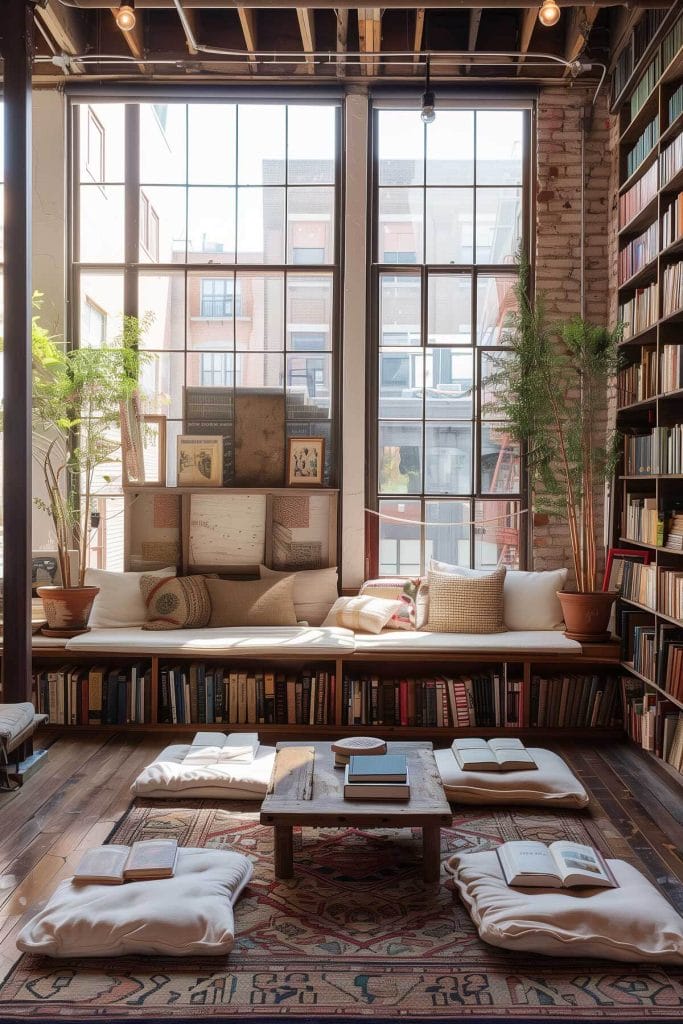 Relaxed, bohemian library with floor cushions and low shelves creating a casual reading area.