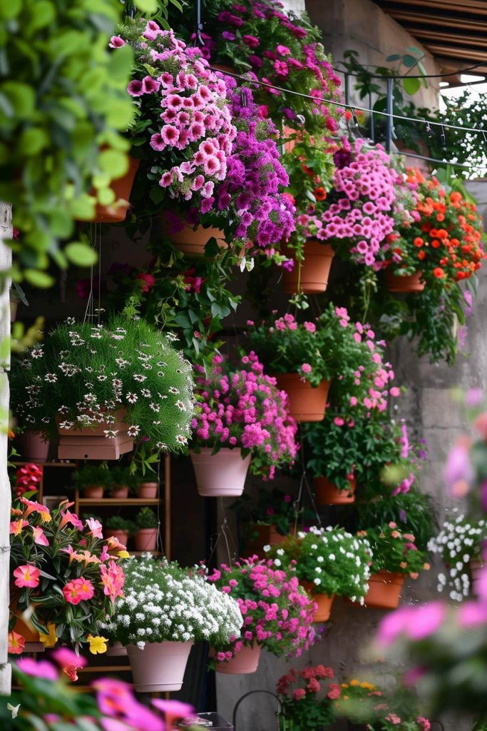 A vertical garden with hanging baskets and a comfortable chair.