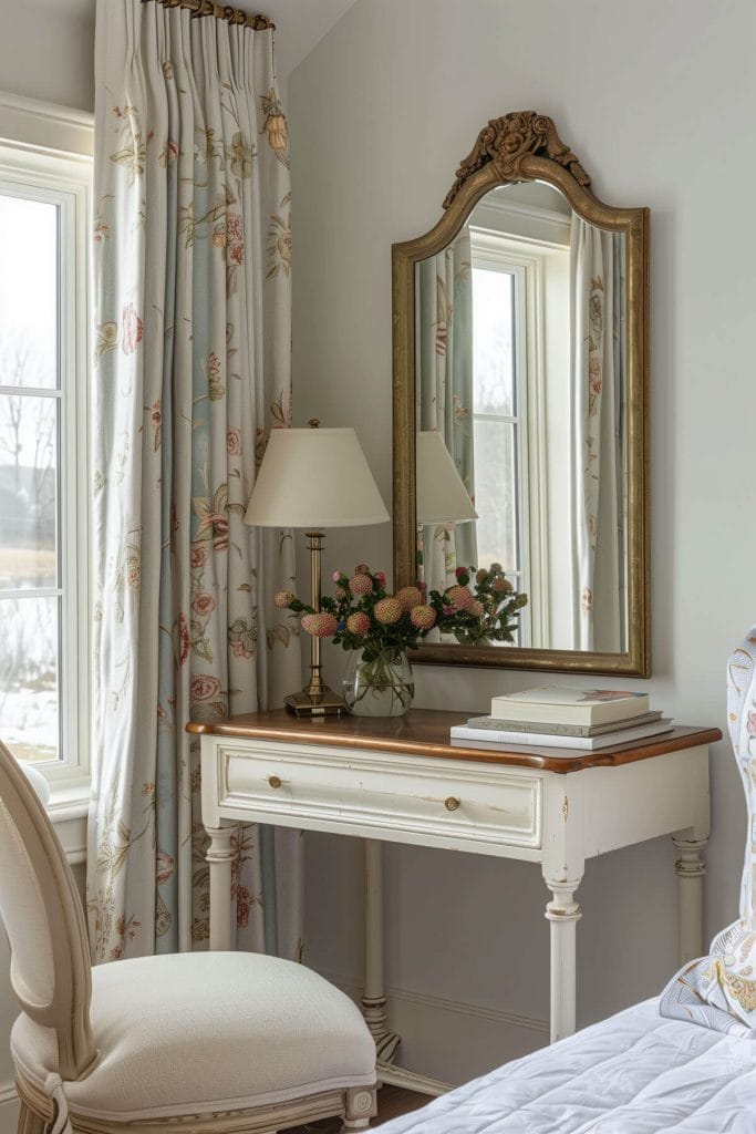 An antique vanity with a mirror providing a classic dressing area in a bedroom.