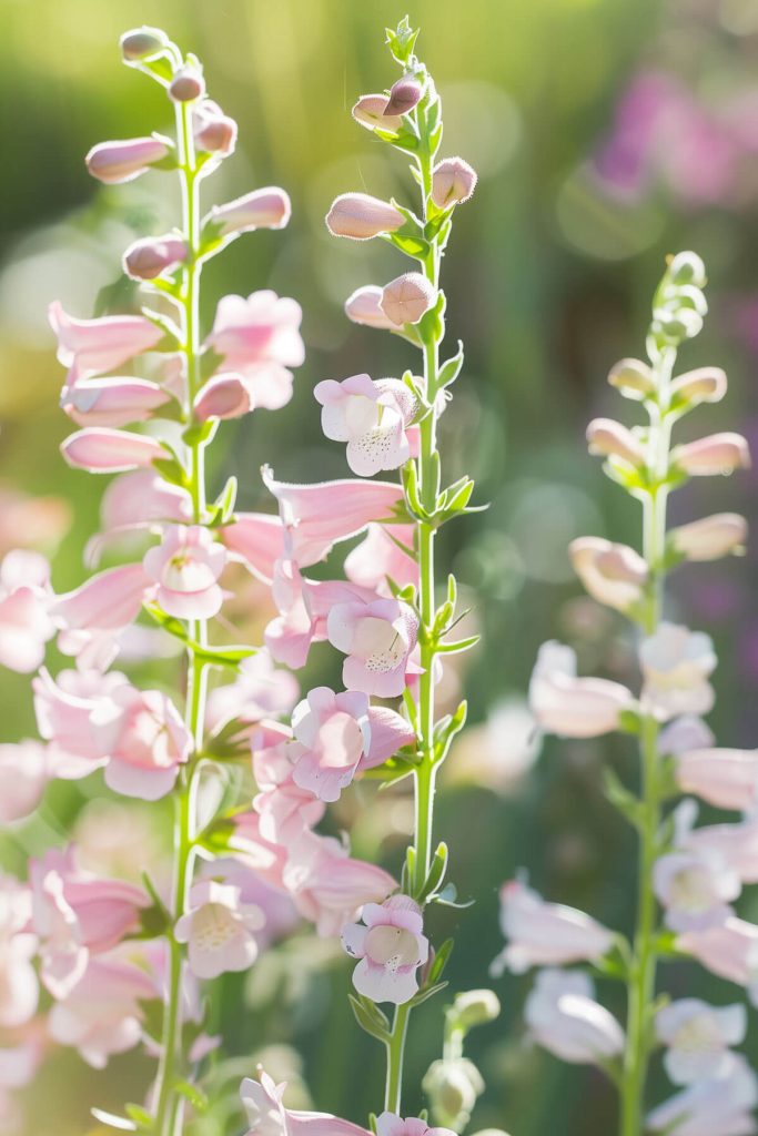 Tubular white or pink flowers of beardtongue in a sunlit garden.