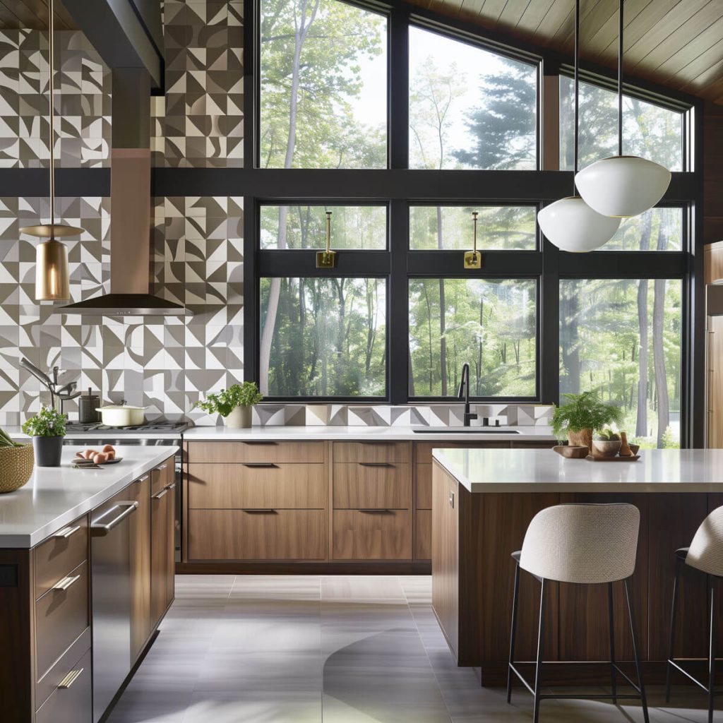 Kitchen featuring geometric patterns on backsplashes and floors.