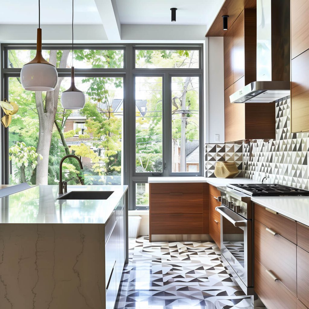 Kitchen featuring geometric patterns on backsplashes and floors.