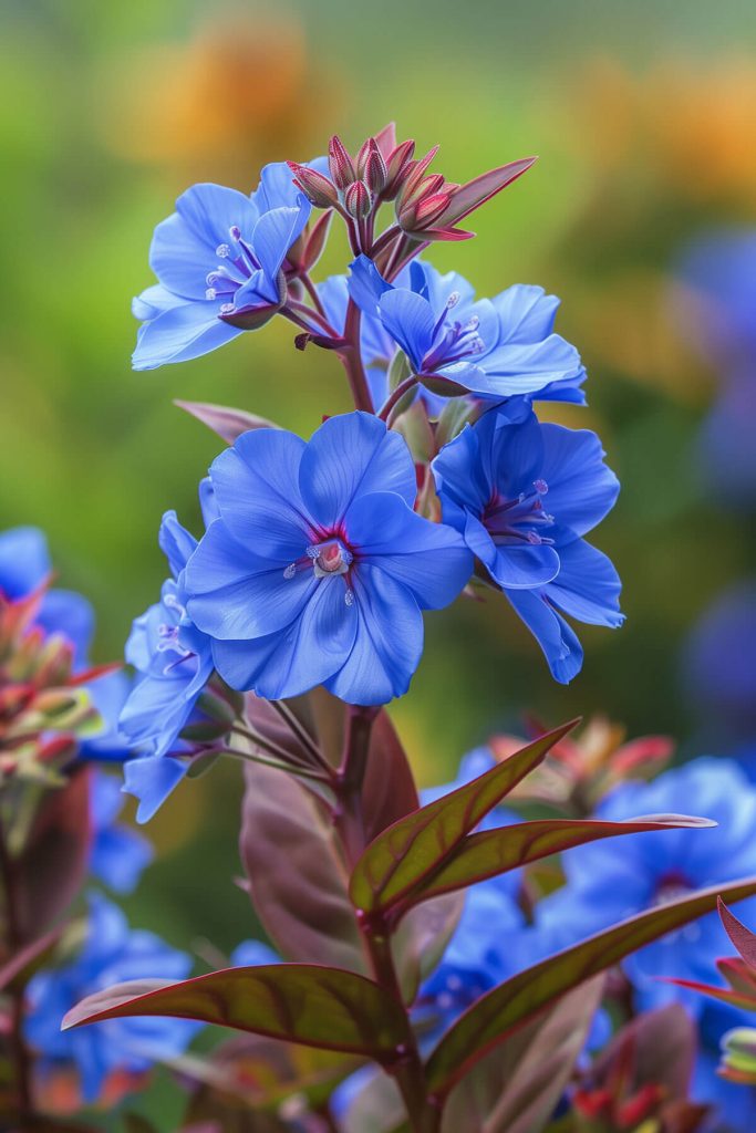 Clusters of bright blue ceratostigma flowers and red-tinged foliage blooming in a sunny to partially shaded garden, adding late-season color.