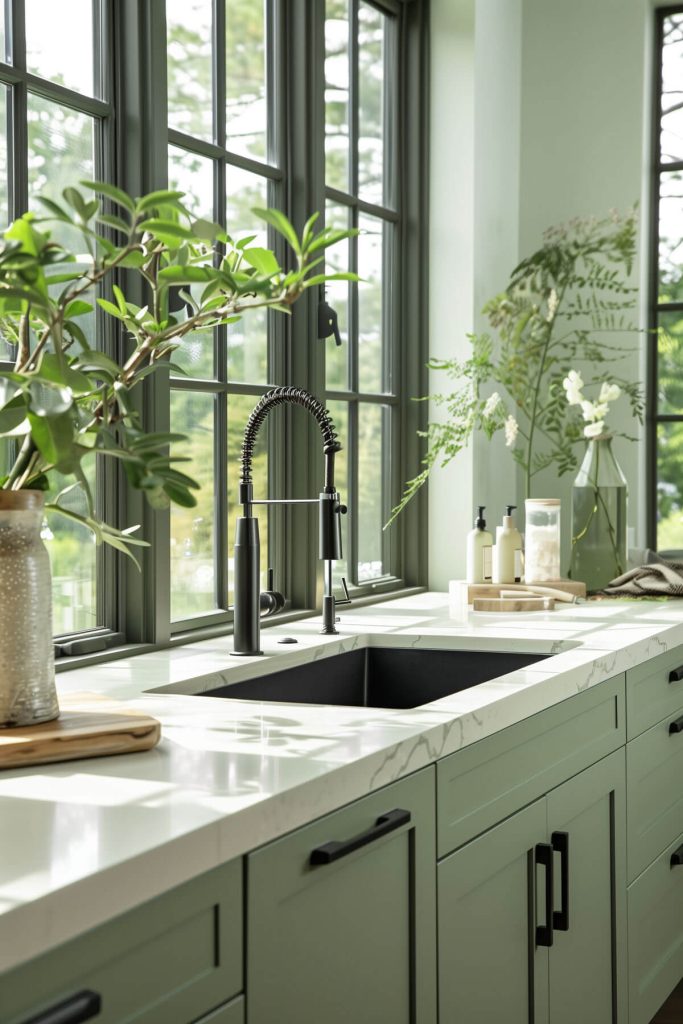 Sage green cabinets complemented by matte black fixtures like faucets and cabinet pulls in a sleek kitchen.