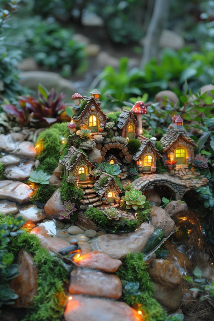 A whimsical fairy garden with miniature houses, bridges, and fairy lights.