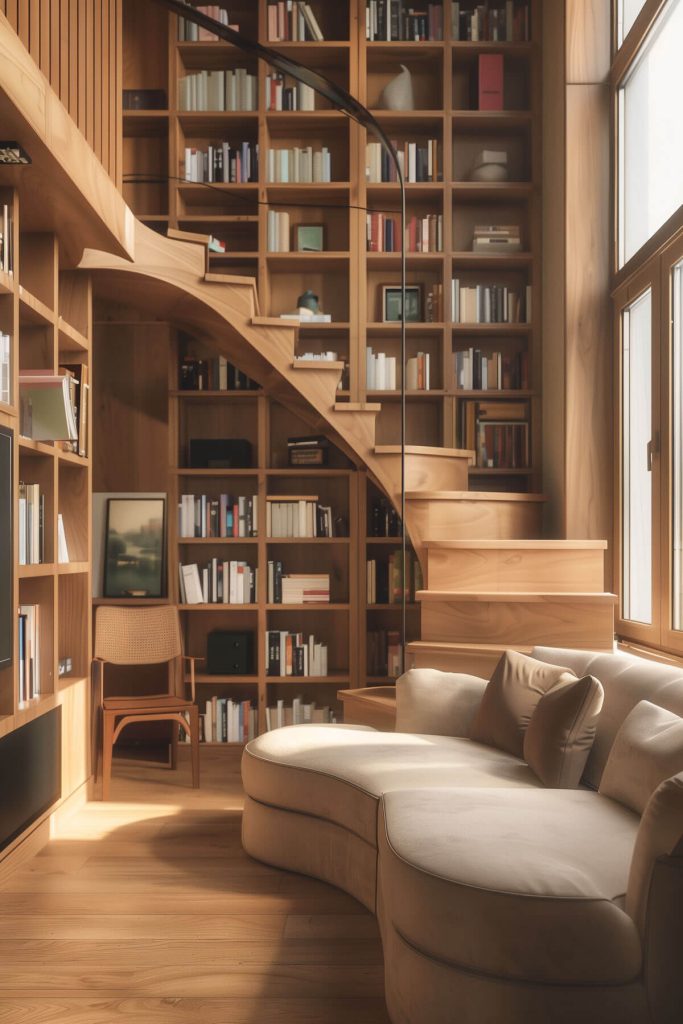 Dramatic architectural element with a spiral staircase leading to a loft library or high shelves.