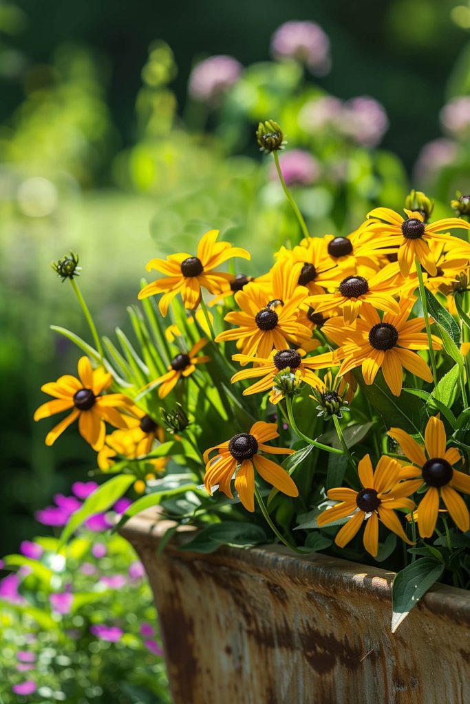 Bright yellow petals and dark centers of black-eyed susan in a sunlit garden.