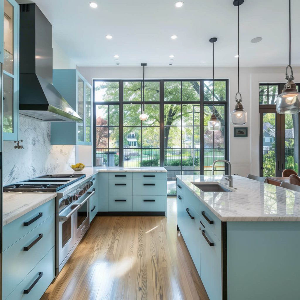 Kitchen with vibrant emerald green and deep blue cabinets.