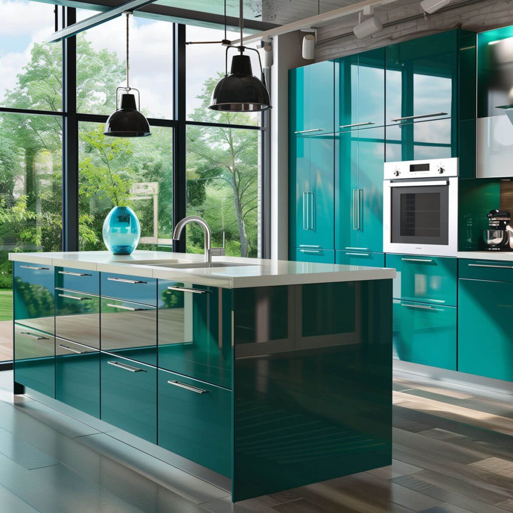 Kitchen with vibrant emerald green and deep blue cabinets.