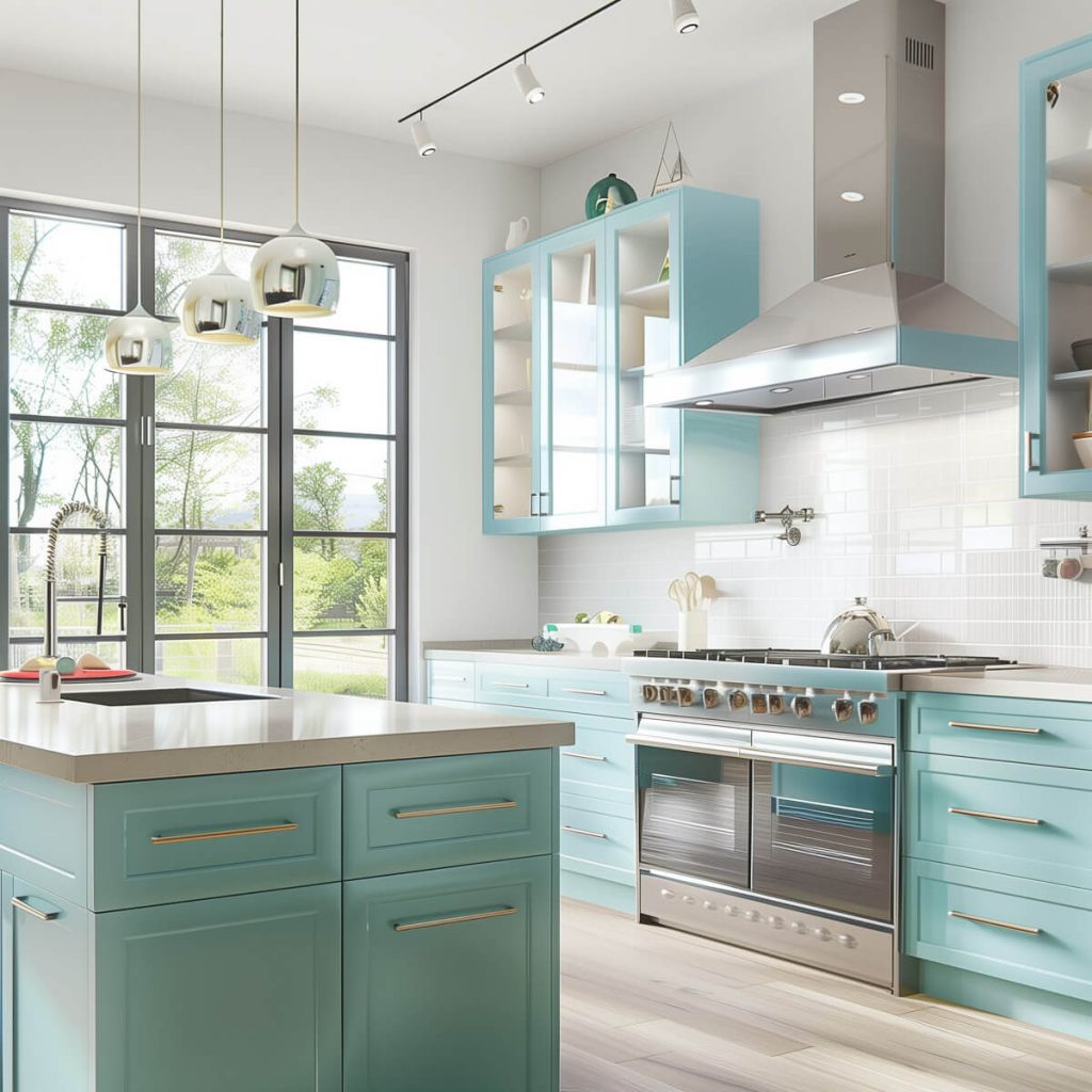 Kitchen with vibrant emerald green and deep blue cabinets.