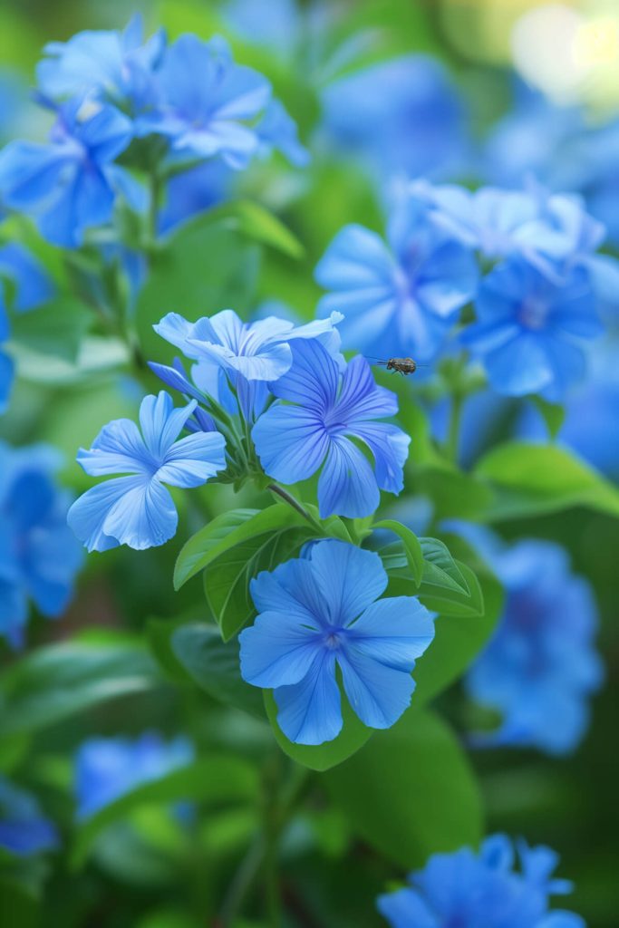 Bright blue plumbago flowers and green-tinged foliage blooming in a sunny to partially shaded garden, adding late-season color.