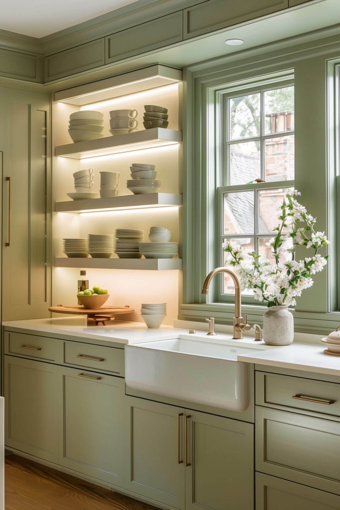 Sage green cabinets with integrated LED shelving showcasing fine china or decorative pieces in a modern kitchen.