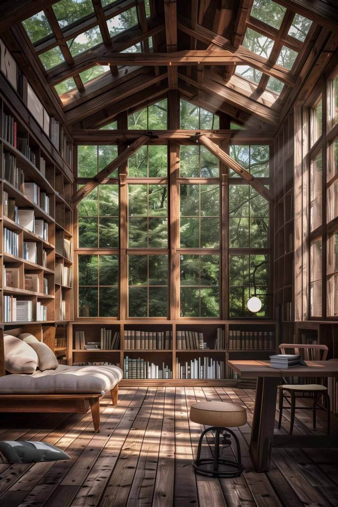 Warm lighting and natural wood finishes create a cozy, cabin-like atmosphere in this library.