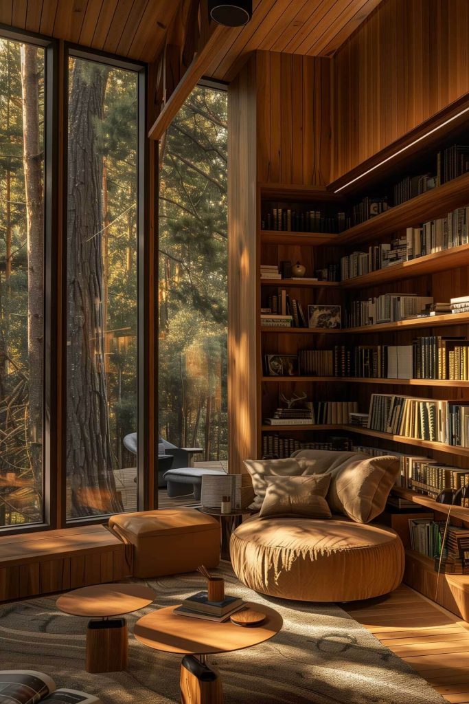 Warm lighting and natural wood finishes create a cozy, cabin-like atmosphere in this library.