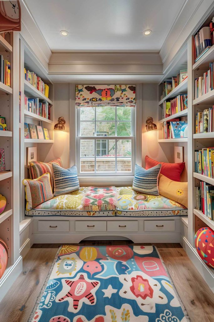 Inviting children's book nook with colorful shelves, playful decor, and comfortable seating.