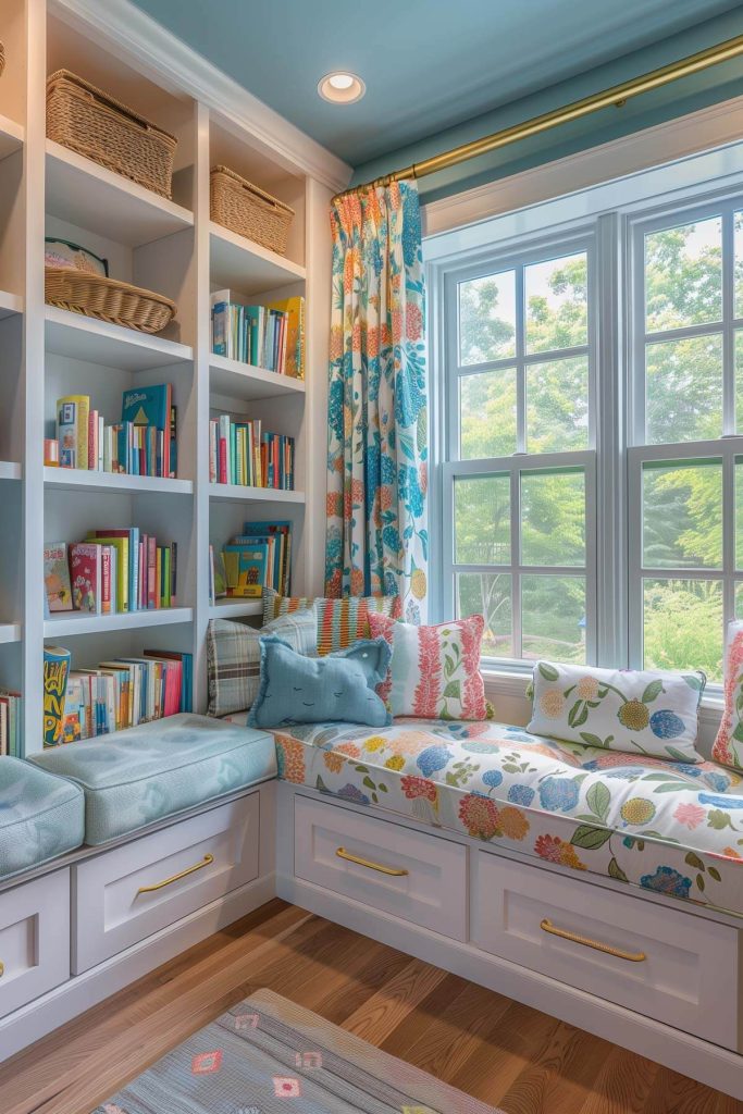 Inviting children's book nook with colorful shelves, playful decor, and comfortable seating.