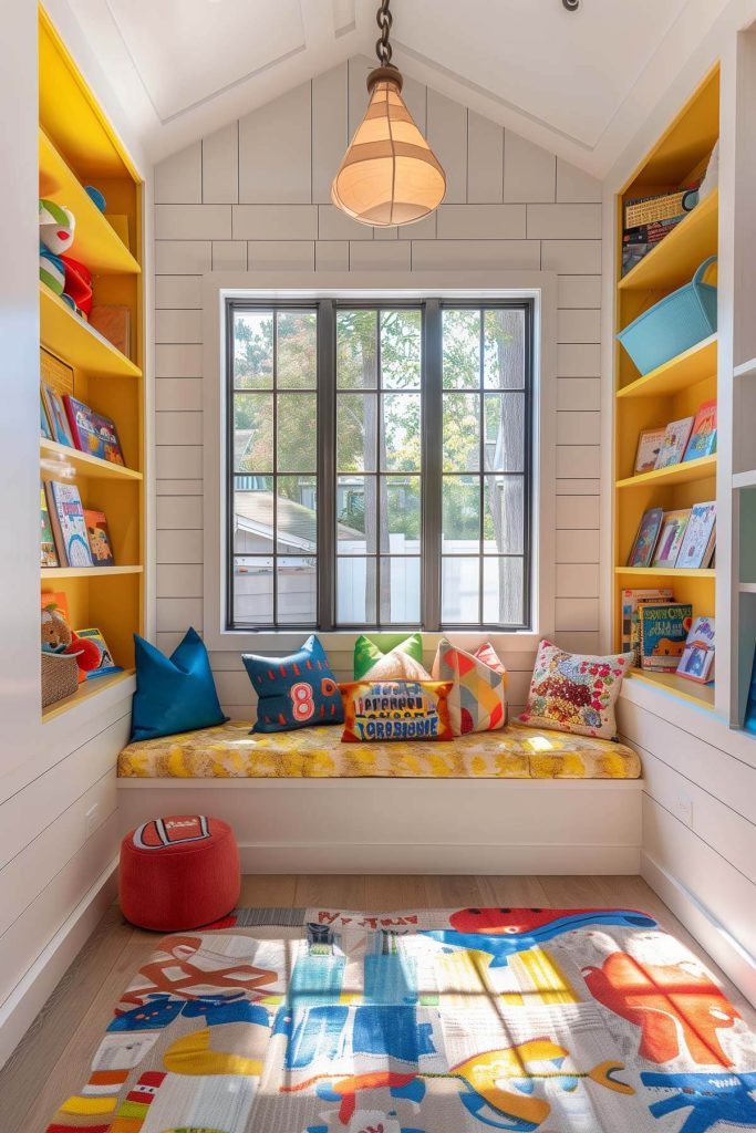 Inviting children's book nook with colorful shelves, playful decor, and comfortable seating.