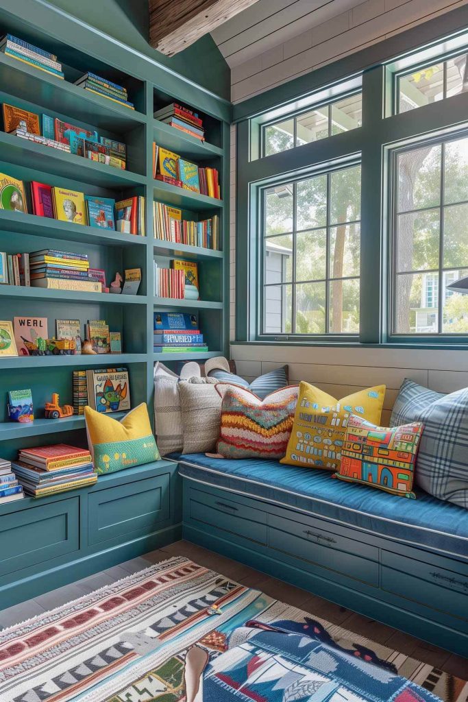 Inviting children's book nook with colorful shelves, playful decor, and comfortable seating.