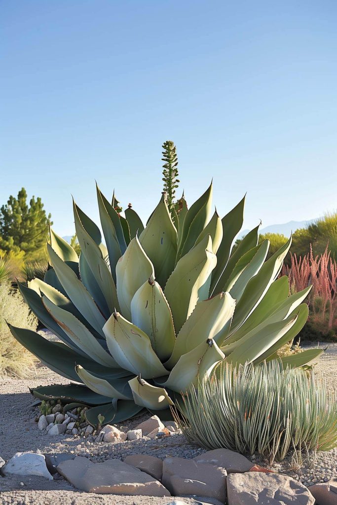 Large agave plant with thick, pointed leaves and a tall flower spike in a desert landscape.