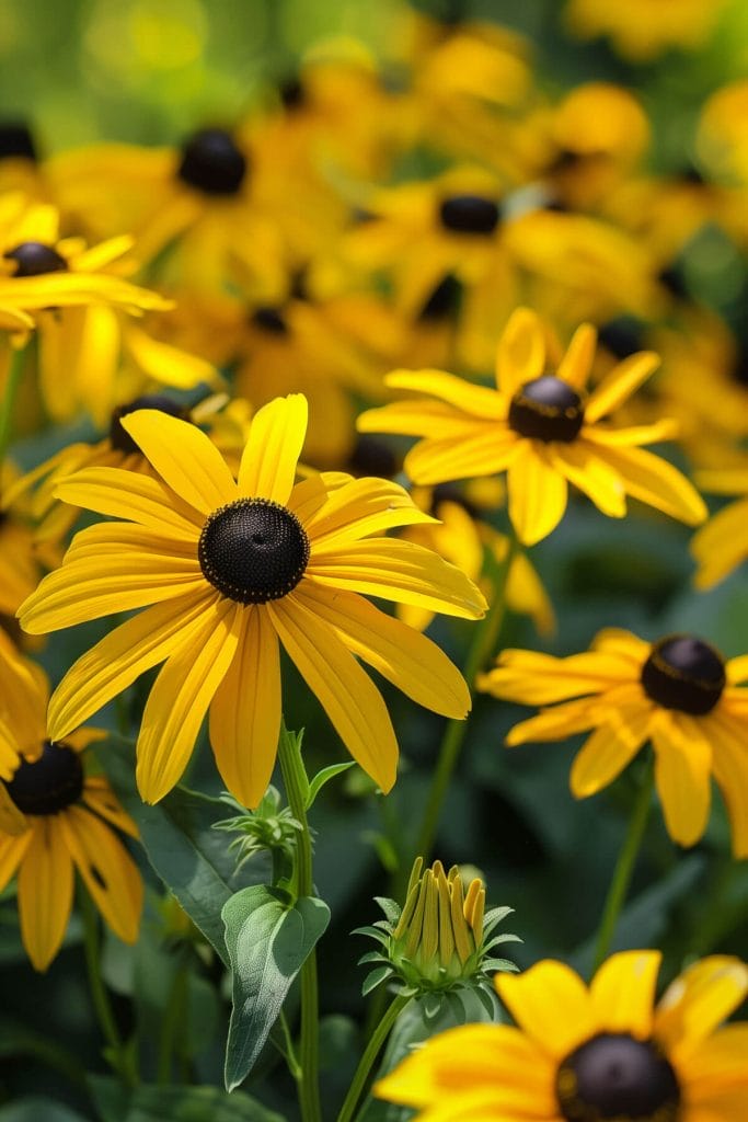 Bright yellow Black-eyed Susans with dark centers flourishing in full sun, adding a sunny and cheerful touch to a garden border.