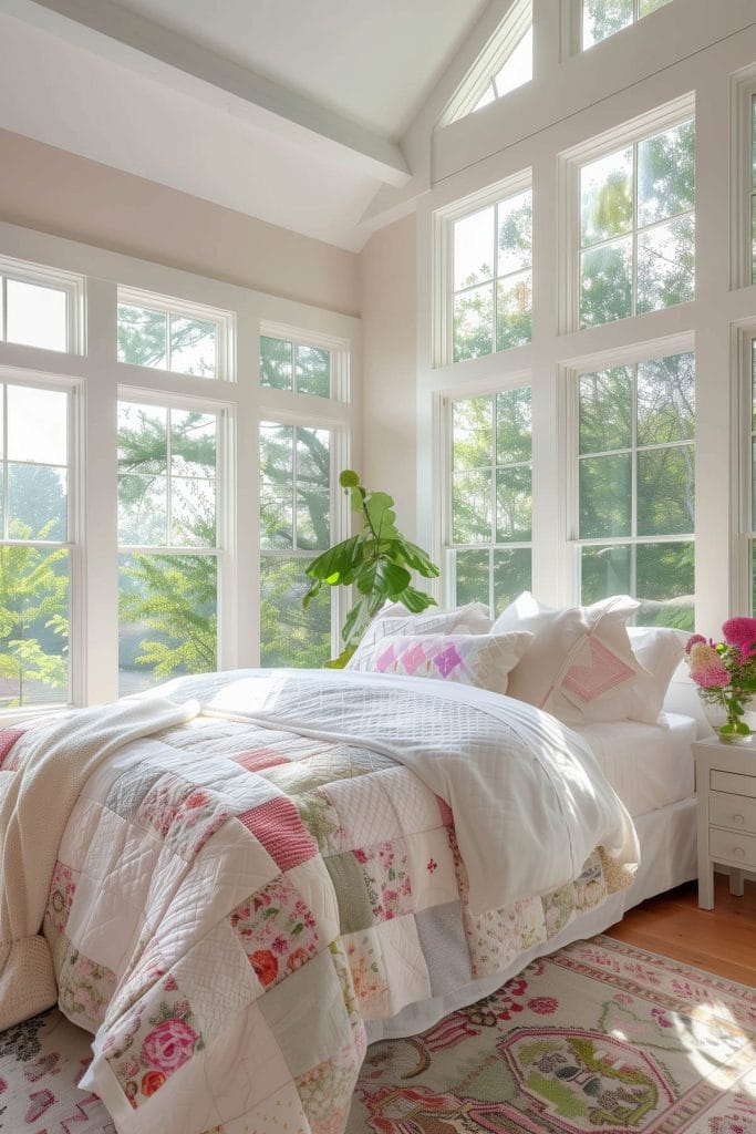 A pastel-colored quilted bedspread adding warmth and vintage flair to a bedroom.