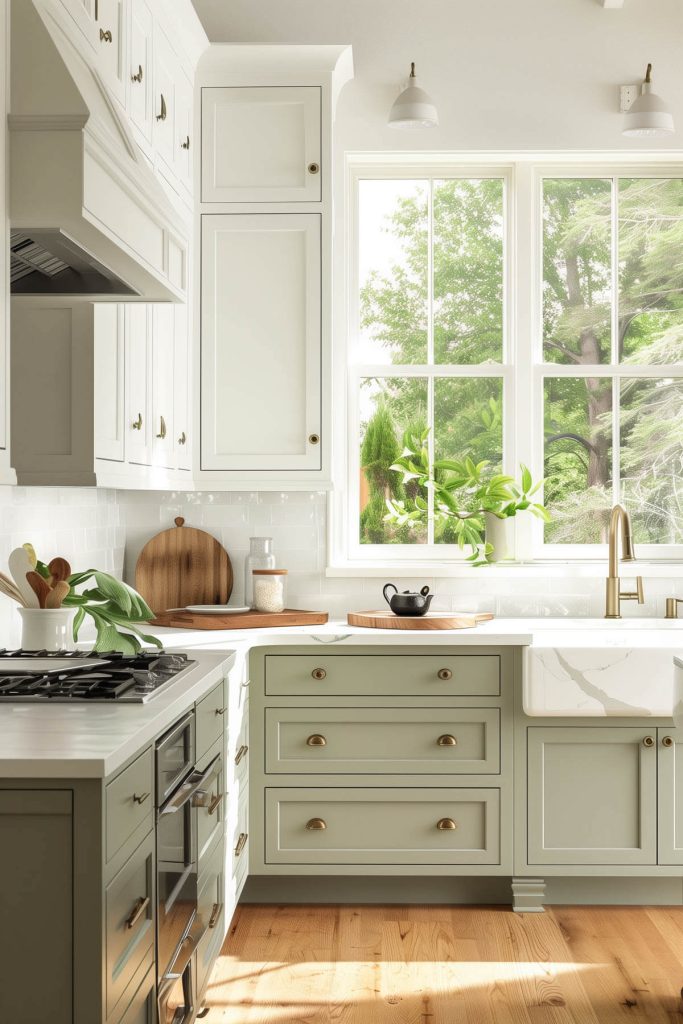 A two-tone kitchen with sage green lower cabinets and crisp white upper cabinets. 