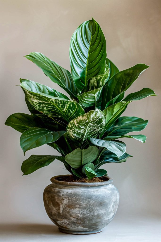 Ultra-realistic photograph of a Cast Iron Plant with broad, dark green leaves in a rustic indoor setting.