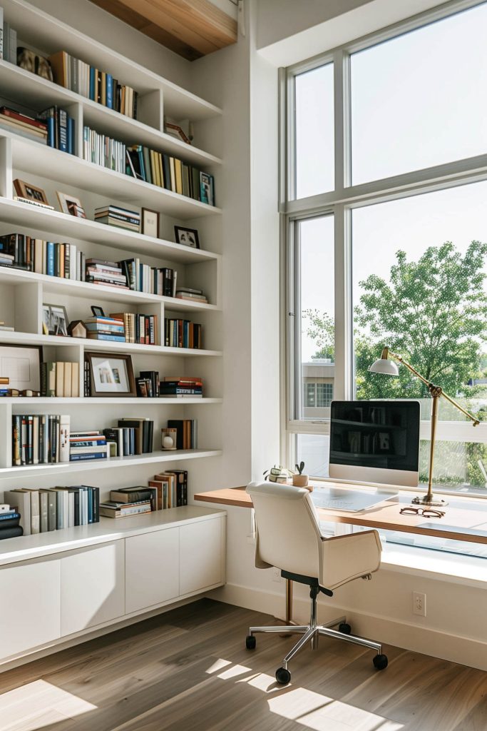 A modern library featuring sleek floating shelves and a seamless workspace with contemporary decor.