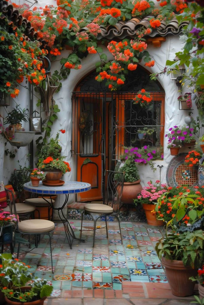 A Mediterranean-inspired garden with terracotta pots, vibrant flowers, and a wrought iron gate.