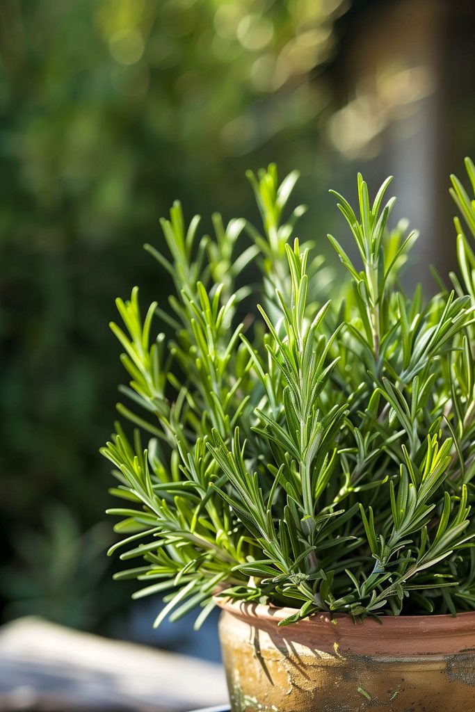 A healthy rosemary bush with needle-like leaves, set against a Mediterranean-style garden background.