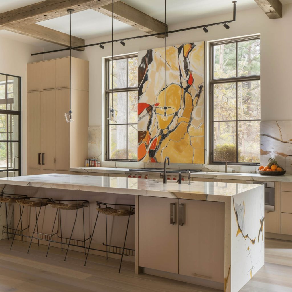 Kitchen with art-inspired murals and creative tiling.