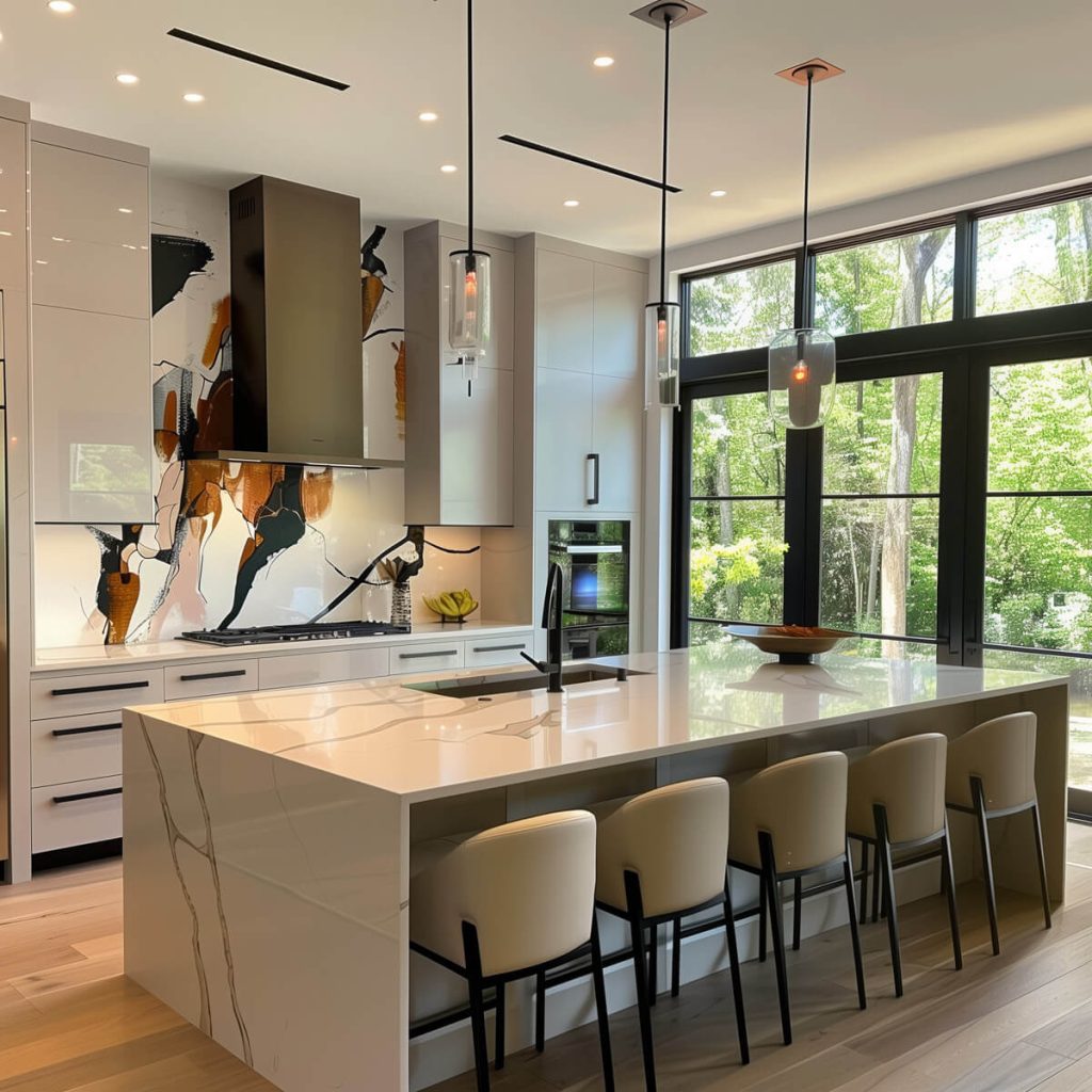 Kitchen with art-inspired murals and creative tiling.