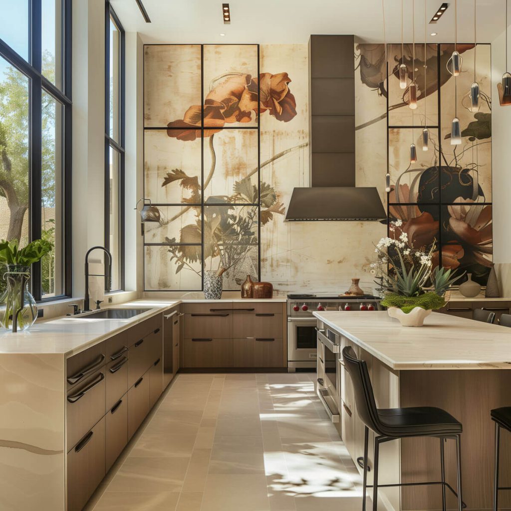 Kitchen with art-inspired murals and creative tiling.