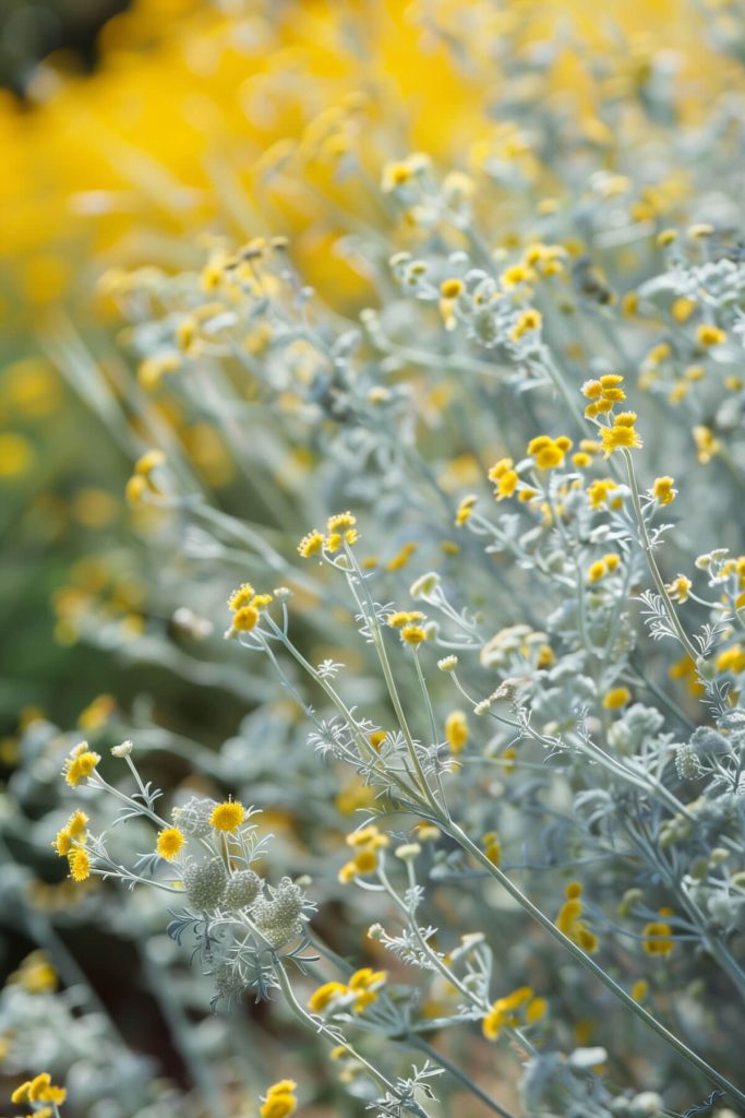 Silvery-gray foliage and small yellow flowers of dusty miller in a sunlit garden.