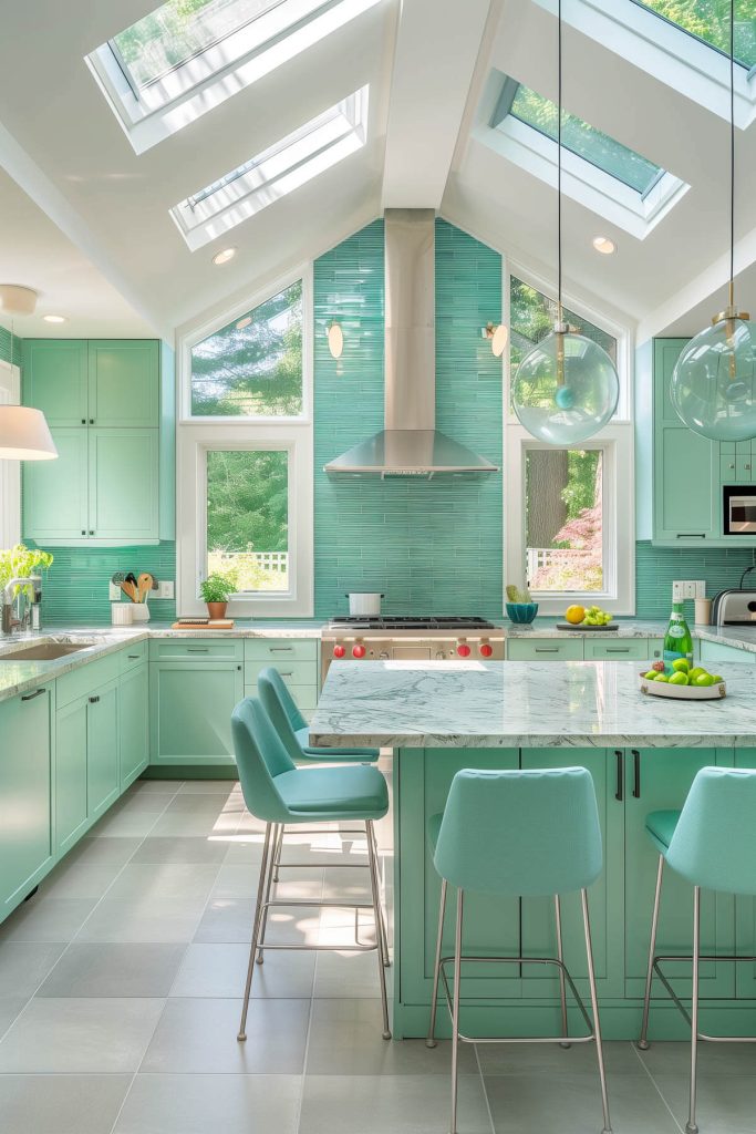 Sage green cabinets paired with a blue backsplash, creating an eye-catching contrast in a stylish kitchen.