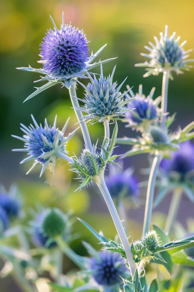 Spiky, thistle-like sea holly flowers in shades of blue, and silver blooming in a sunny, well-drained garden, adding unique texture.