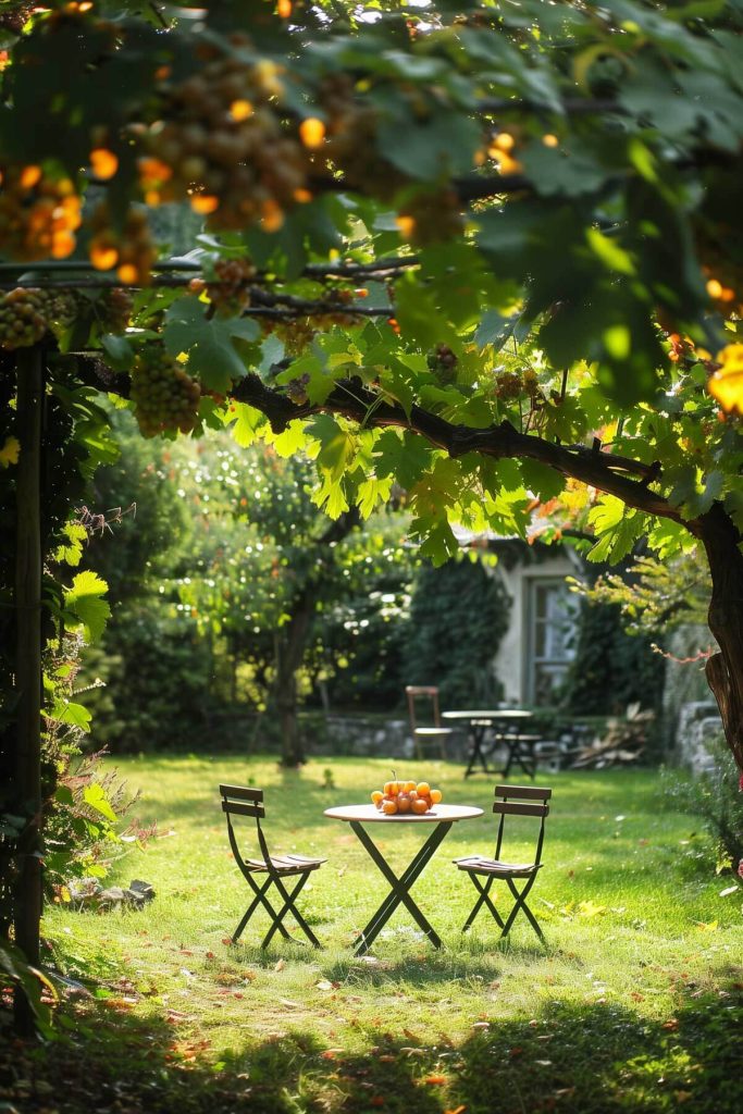 A garden corner with grapevines growing on a trellis and a bistro set.