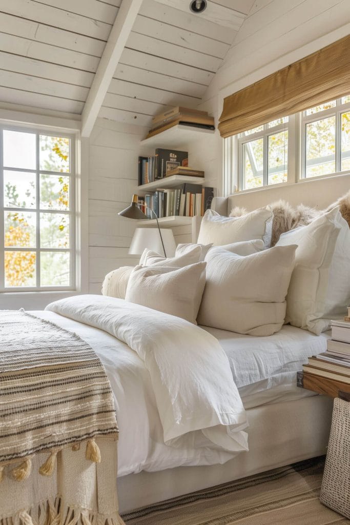 Stacks of old books on shelves and nightstands adding a vintage look to a bedroom.