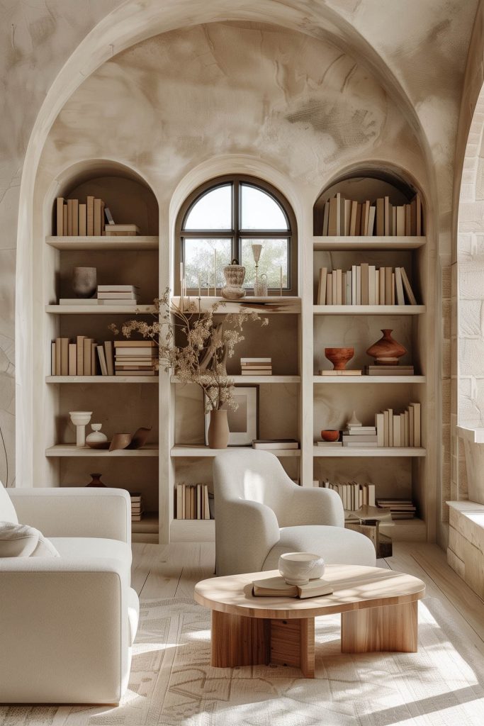 Unique, architectural detail with arched shelving units adding character to the library.